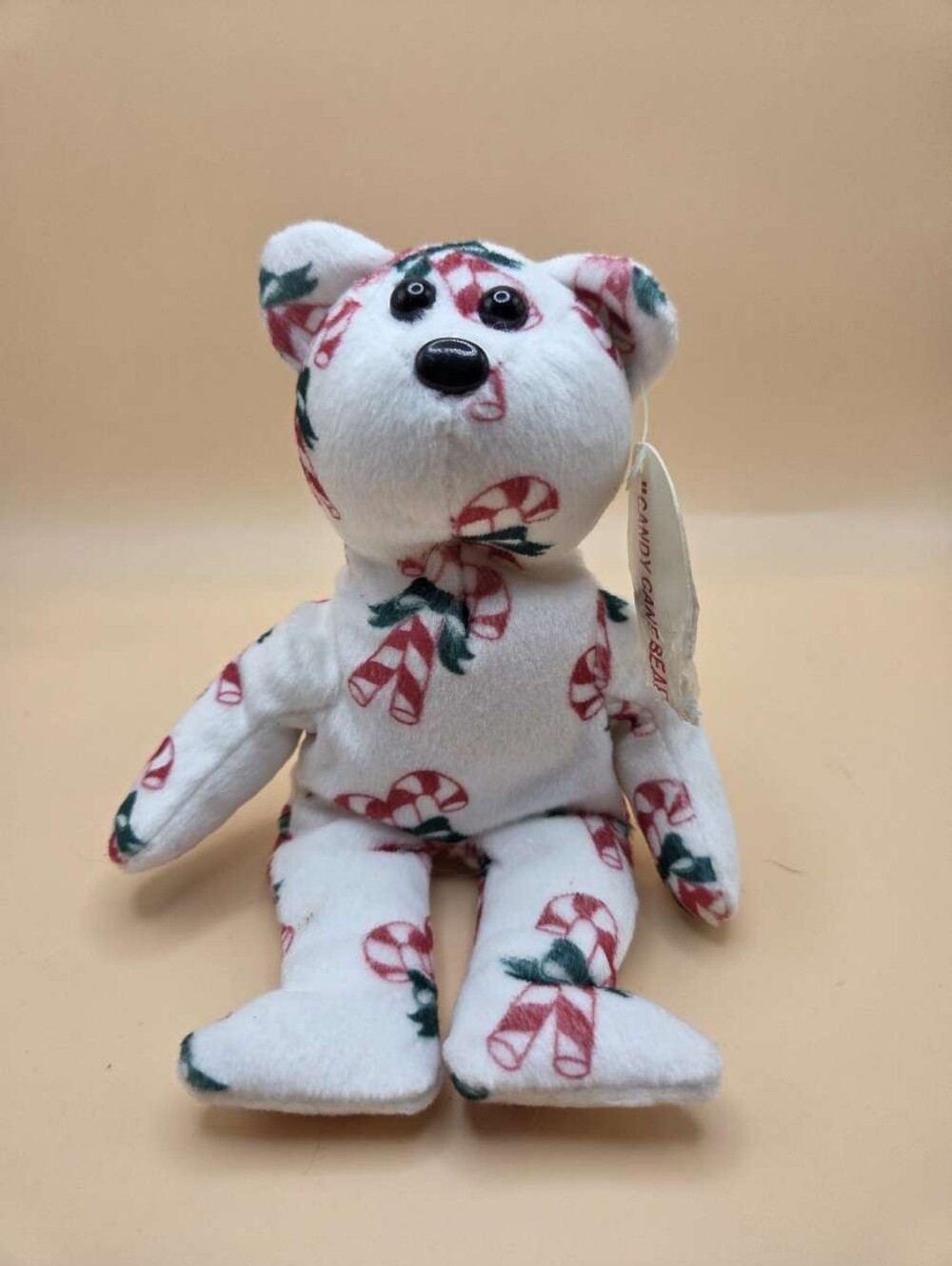 Vintage Christmas Candy Cane Bear Plush White Red Green Holiday Teddy
